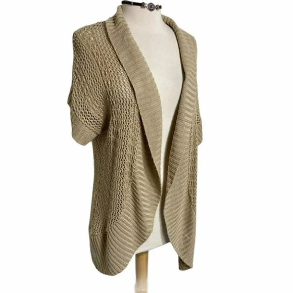 Dress Barn 1X Tan short sleeve open knit cardigan - Picture 1 of 6